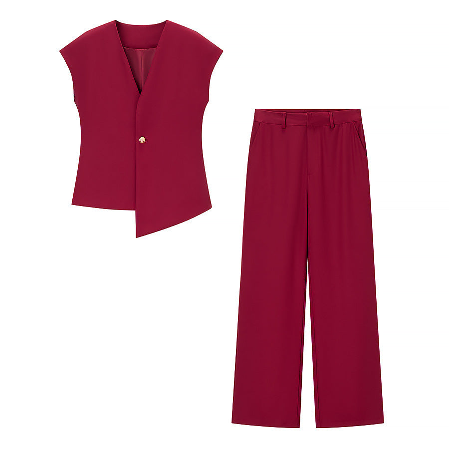 European And American Women's Clothing Button Top Wide Leg Pants Suit
