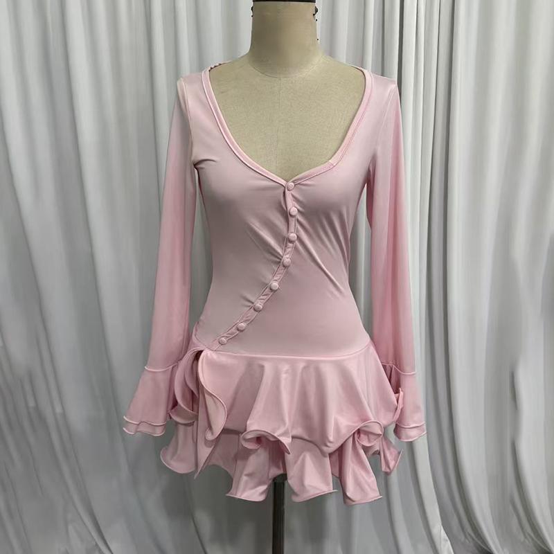 Women's Irregular V-Neck Bodycon Mini Dress - Flare Long Sleeve Layered Ruffle Hem Party Dress