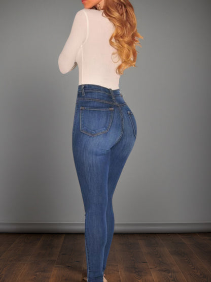 Women's Mid Blue High Waisted Buckle Tight Jeans Are Comfortable To Wear. High Waist Design, Buckle Design Adds A Sense Of Fashion,