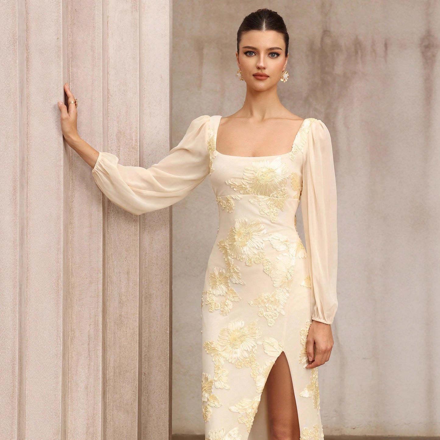 Plate Flower Embroidered Square Collar Slit Banquet Dress