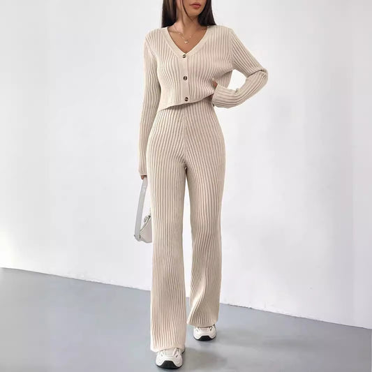 Solid Color Knitted Two-piece Women's V-neck Short Knitted Cardigan Bootcut Trousers Versatile Casual Women's Clothing