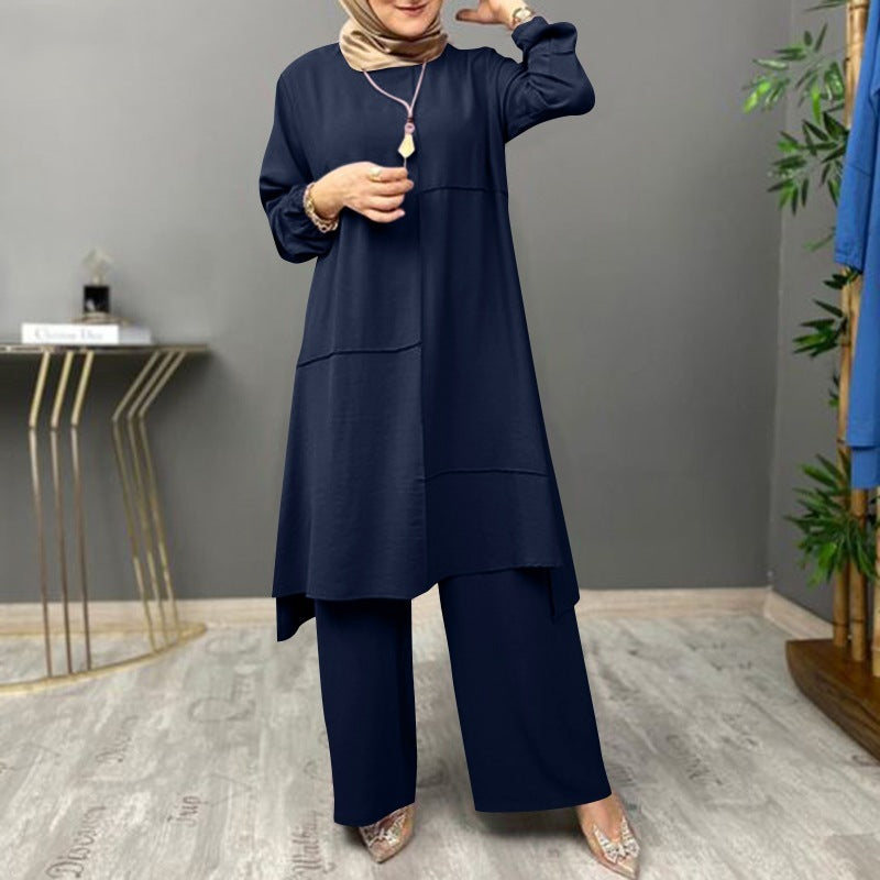 Plus Size Women's Solid Color Shirt Round Neck Elastic Cuff Top With Asymmetrical Hem & Wide-Leg Pants Set