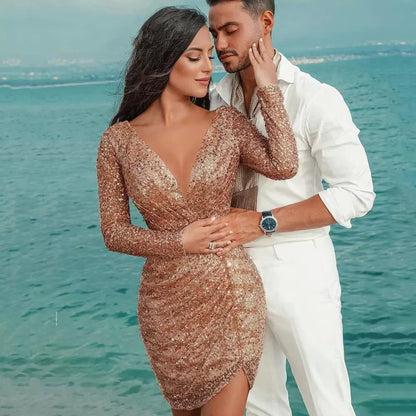 Women's Deep V Long Sleeve Slim Pencil Dress