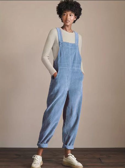 Corduroy Bib Overalls With Buttons And Pockets Fashion Casual Jumpsuit Loose Straight Pnats For Women