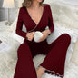 Women's Sexy V-neck Long-sleeve Pants With Straps Pajamas