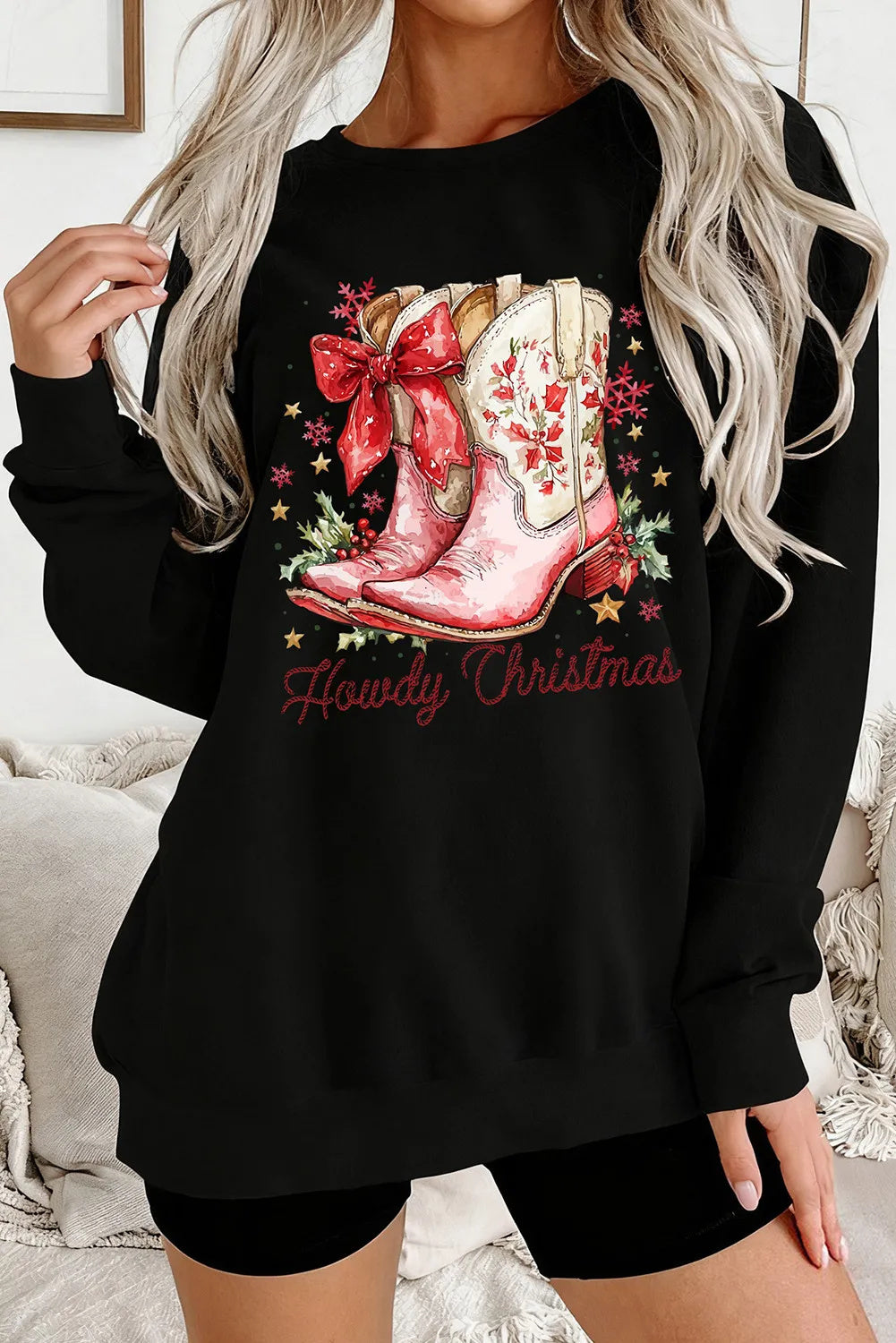 Black Howdy Christmas Cowgirls Boots Printed Baggy Sweatshirt