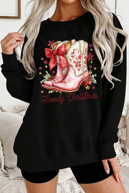 Black Howdy Christmas Cowgirls Boots Printed Baggy Sweatshirt