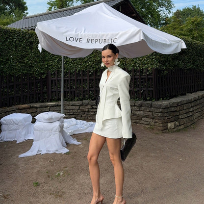 Turtleneck V-neck Long-sleeve Waist-cinching Suit Jacket And Sheath Skirt Two-piece Set