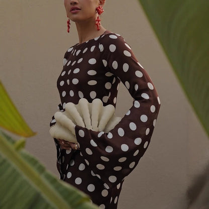 Polka-dot Round-neck Long-sleeve Flared-sleeve Dress
