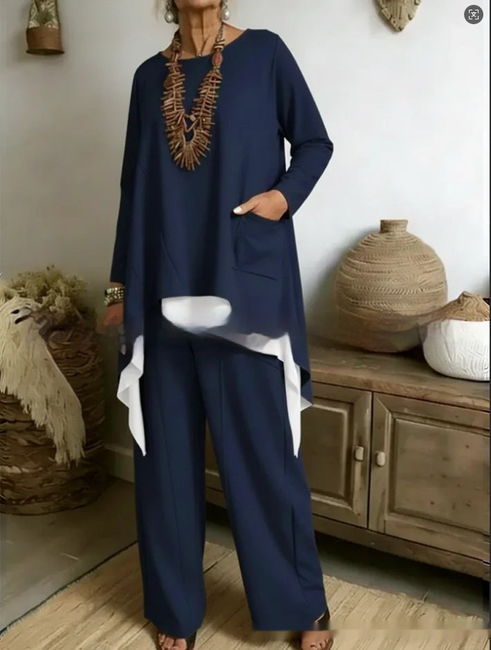 New Womens Casual Two-piece Set With Contrasting Hem