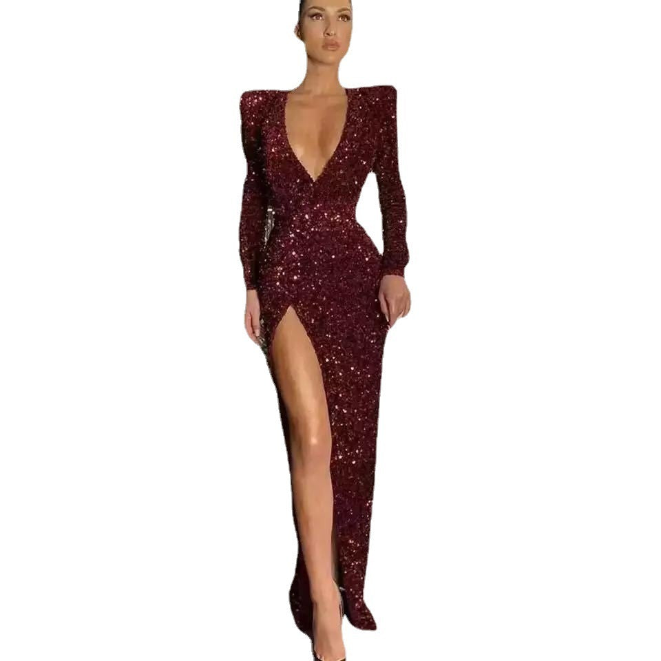 Women's Sexy Deep V Long Sleeve Slim-fit Sequined Dress