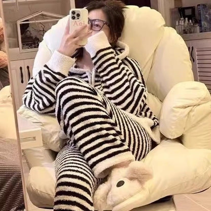 Striped Hooded Pajama Set Homewear For Women