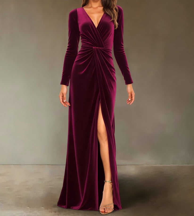 V Neck Pleated Sheath Dress With An Elegant Slit And A Figure Hugging Fit