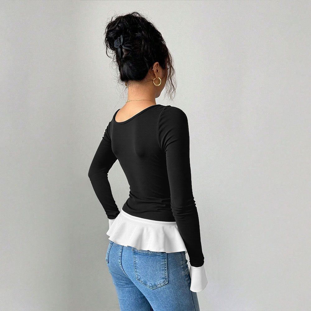 Black One-shoulder Strap Metal Ring Buckle Embellished With Ruffled Hem Top For Women