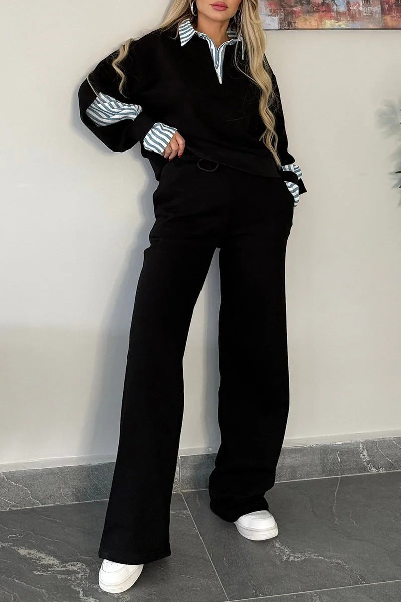 Lapel-collar Long-sleeve Shirt And Relaxed-fit Casual Hoodie Set