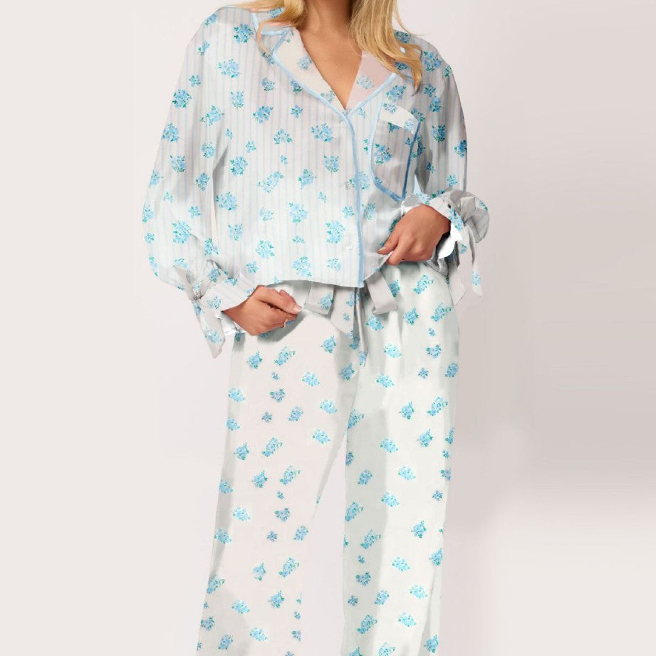 Silk-like Printed Floral Long-sleeved Lapel Pajamas Suit