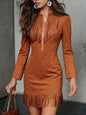 Western Cowboy-Style Suede Fringe Bodycon Mini Dress With Long Sleeves