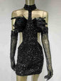 Dress Halter Feather Sequins Short Hip Skirt With Gloves Dress