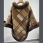 Big Fur Collar Cloak Mid-length Batwing Sleeve Pullover Classic Plaid Shawl