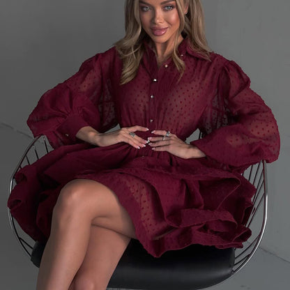 Lapel-collar Long-sleeve Single-breasted Button-up Belted Shirt Dress