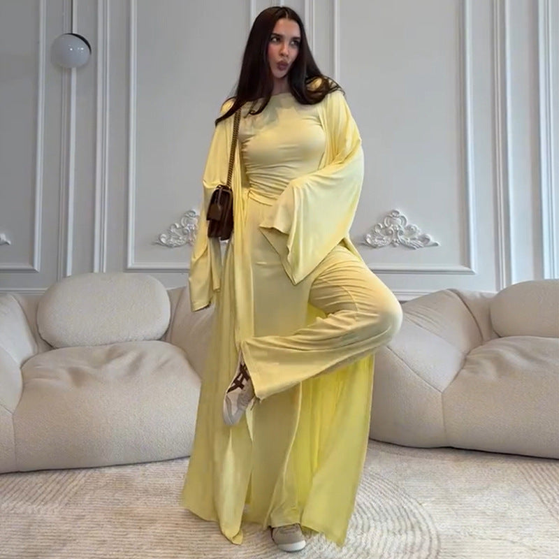 Casual Long Coat, Long-sleeve T-shirt, And High-waisted Long Pants Three-piece Set