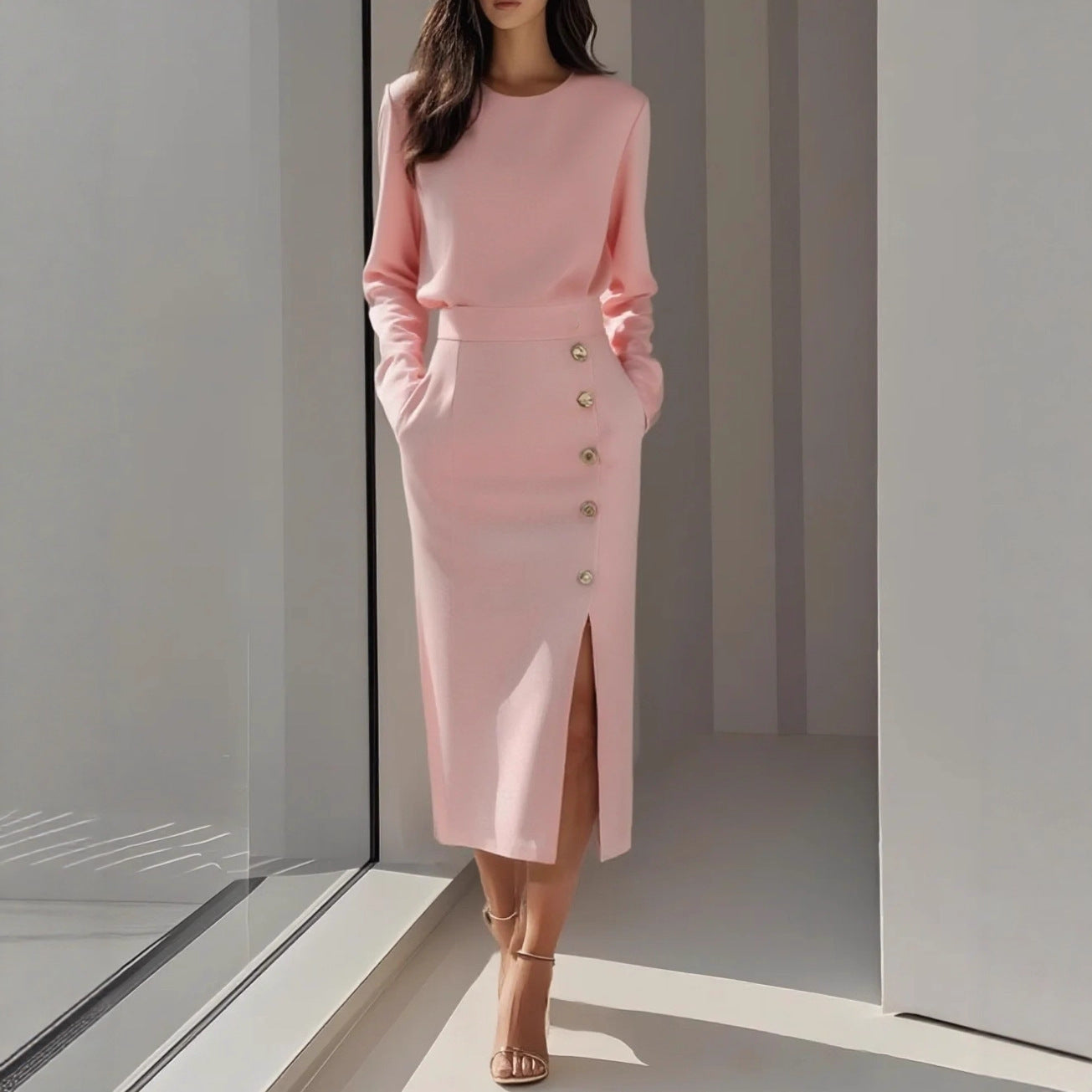 Long-sleeved Round Neck Waist-tie Button-decorated Slit Women's Dress
