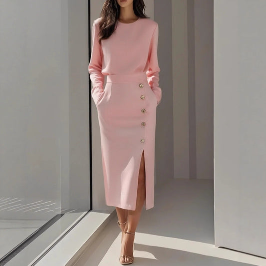 Long-sleeved Round Neck Waist-tie Button-decorated Slit Women's Dress