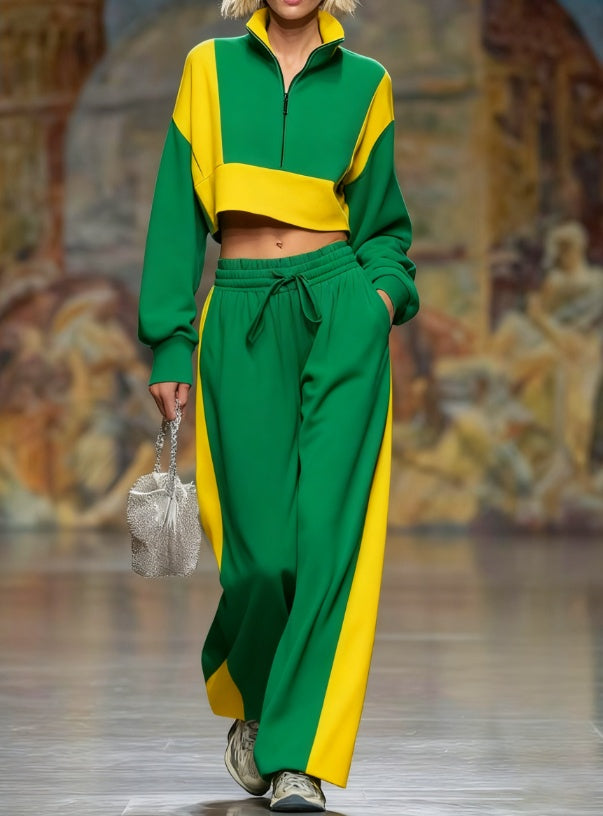 Short-sleeved Stand-collar Zippered Sweater With Wide-leg Pants Two-piece Set