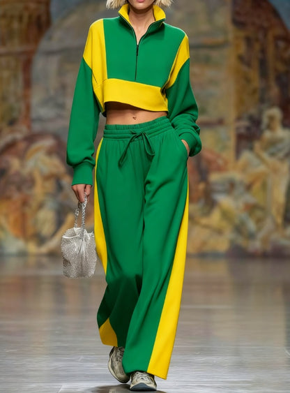 Short-sleeved Stand-collar Zippered Sweater With Wide-leg Pants Two-piece Set