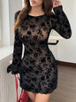 Women's Solid-Color Elegant Round-Neck Long-Sleeve Mesh-Patchwork Sheath Dress