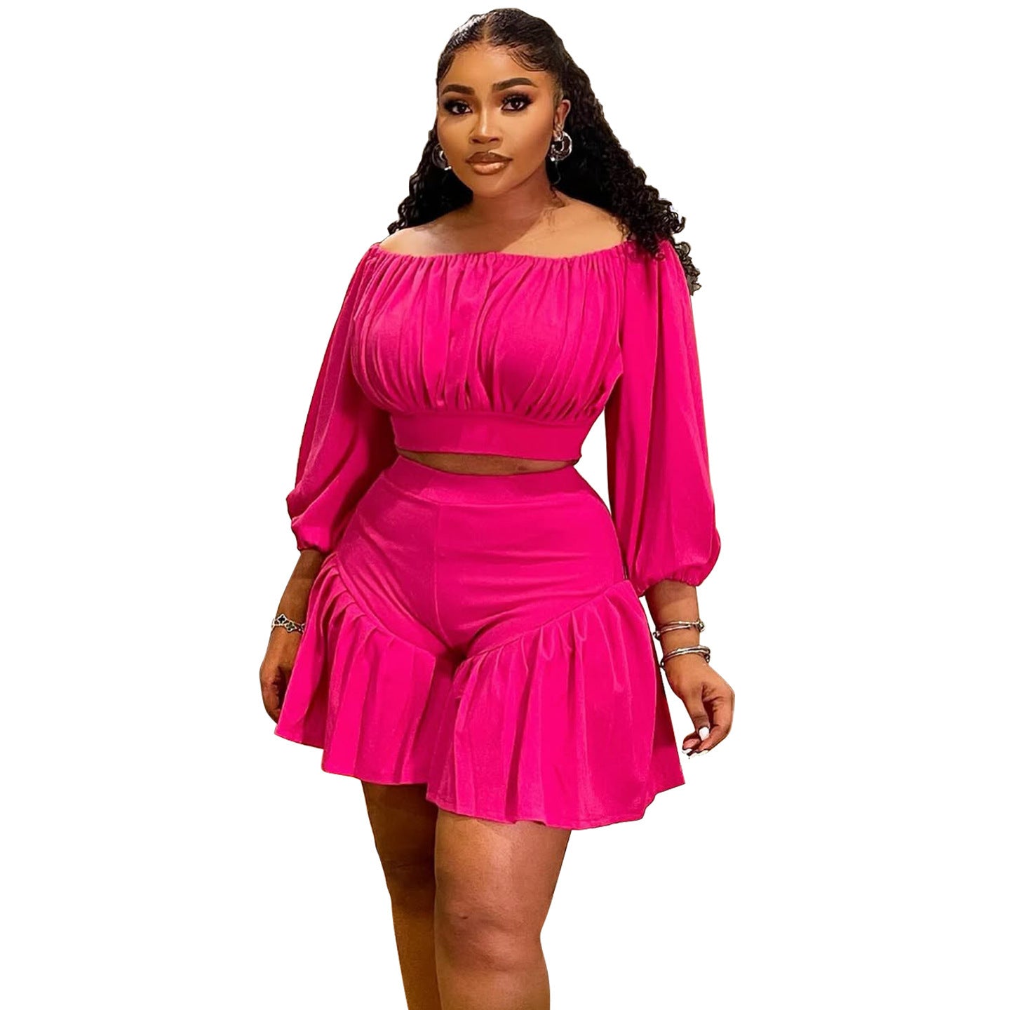 Pleated One-shoulder Puff Waist-casual Two-piece Set