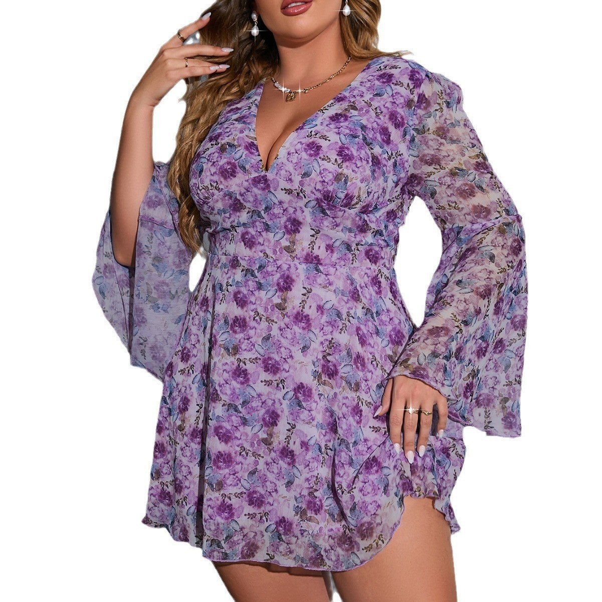 Printed High-waisted Flared Sleeve A-line Dress