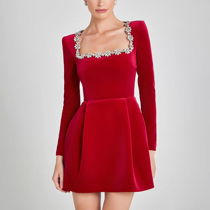 Women's Rhinestone Square Neck Velvet Dress, Long Sleeve Bodycon A-Line Mini Dress