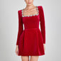 Women's Rhinestone Square Neck Velvet Dress, Long Sleeve Bodycon A-Line Mini Dress