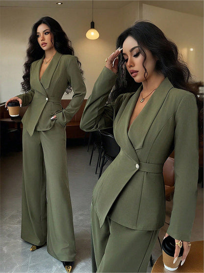 Women's Long-sleeved Suit Jacket Straight-leg Pants Top And Bottom