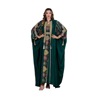 Middle East Muslim Embroidered Robe Abaya Light Luxury Evening Gown Two-piece Set Dress