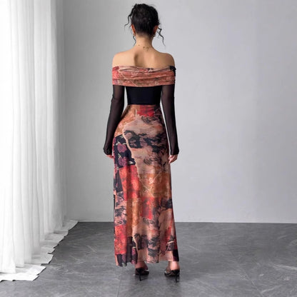 French One-shoulder Swing Collar Printed Mesh Dress