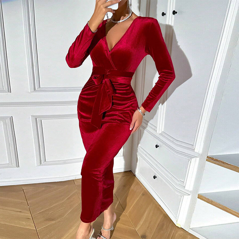 V-neck Red Dress Velvet Mid-length