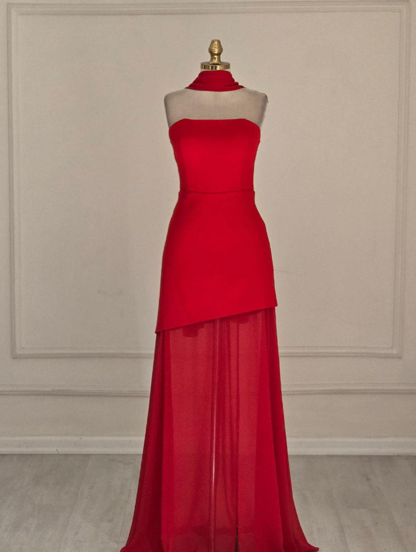 Womens Solid-Color Strapless Dress With Fluttering Ties And A Slit