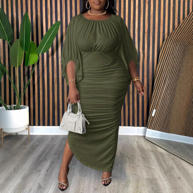 Solid Color Round Neck Raglan Sleeve Fashionable Shirred Long Dress