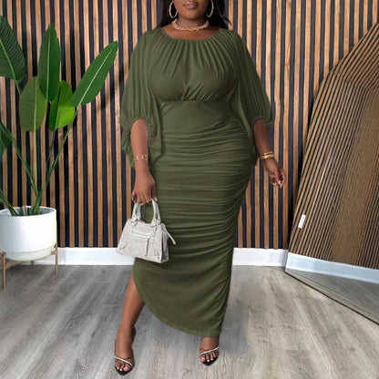 Solid Color Round Neck Raglan Sleeve Fashionable Shirred Long Dress