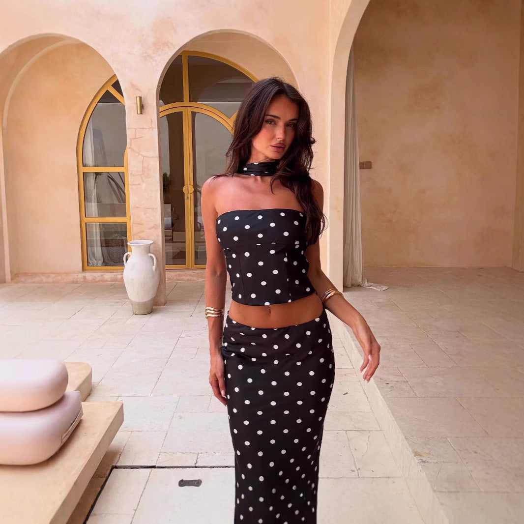 Temperament Polka Dot Print Top Vest Dress Two-piece Set