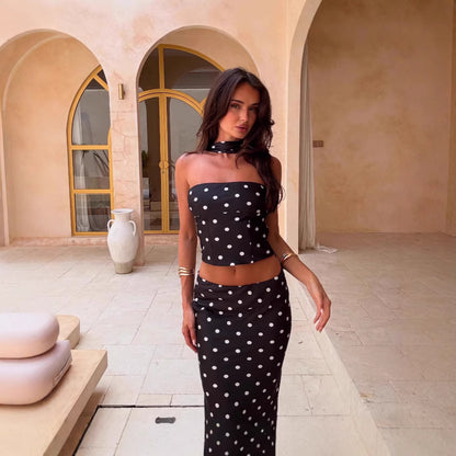 Temperament Polka Dot Print Top Vest Dress Two-piece Set