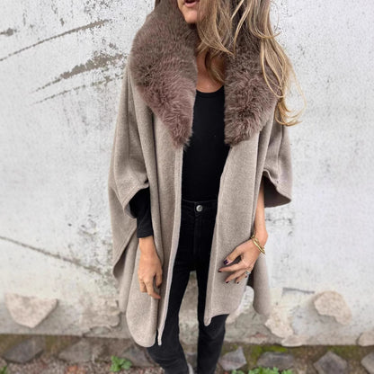 Women's Loose Long Sleeve Large Lapel Fur Collar Cape Coat