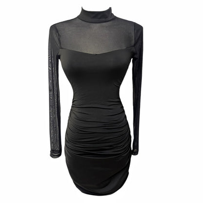 Mesh-panelled Long-sleeve Short Skirt Bodycon Sheath Dress For Women