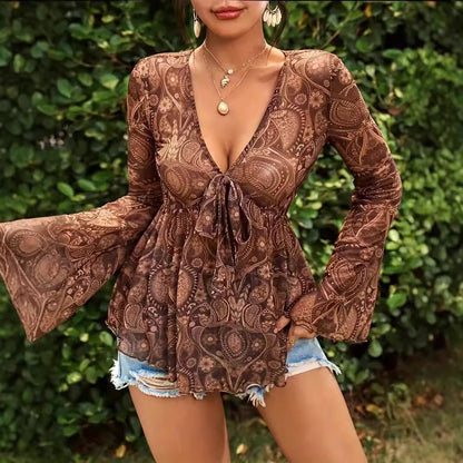 New Versatile Mesh Printed Deep V-neck Slim-fit Long Sleeve Top
