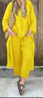 2pcs Long-sleeved Suits Loose V-neck Long Top And High Waist Wide Leg Pants With Pockets Women's Clothing