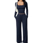 Womens Casual Pants And Square Neck Long Sleeve Cropped Top Set