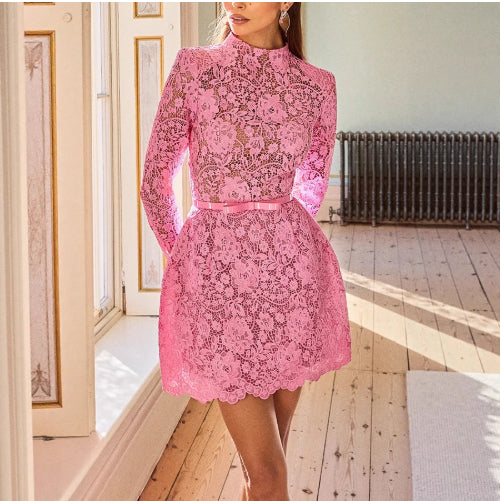Lace Sheer Cutout Belted Slim-fit Long-sleeve Mini Dress
