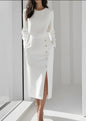Long-sleeved Round Neck Waist-tie Button-decorated Slit Women's Dress